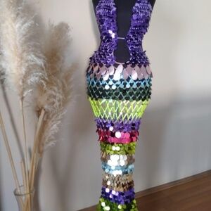 Custom ChakuCraft Crystal Sequin Maxi Dress Purple Pink Mermaid Rave Glam